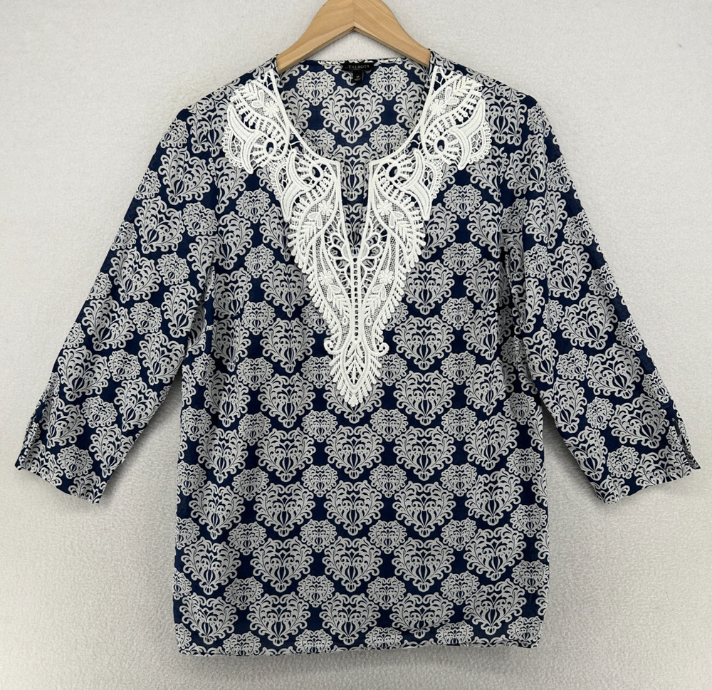 TALBOTS Top M Lace Bib Tunic Medallion Print Split Neck 3/4 Sleeve Cotton Blue